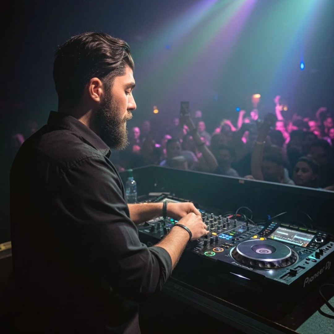 Light Musik performing for a crowd under stage lights